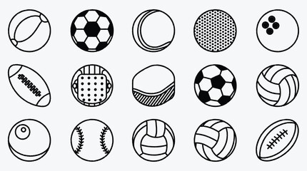 Collection of line art sports balls for various sporting activities