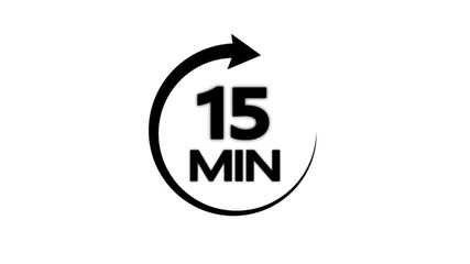 Black color circle arrow refresh icon and 15 min timer icon animation on white background. Circular arrow timer icon 15 Min animation. 15 Minutes Time Loop Motion Design