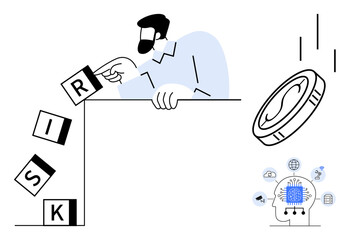 Person adjusts falling blocks spelling risk, coin flipping illustrates decision-making AI head connects ideas. Ideal for risk management, decision-making, AI, strategy, business, innovation, finance