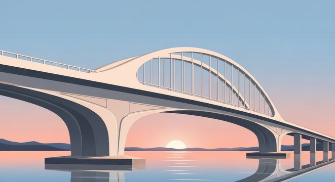 Architectural marvel: A modern bridge over tranquil waters at sunset view