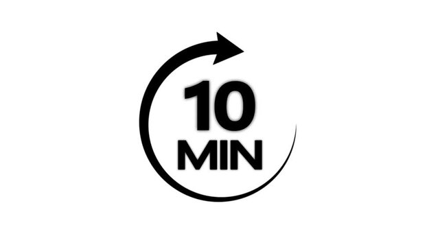black color circle arrow refresh icon and 10 min timer icon animation on white background. Circular arrow timer icon 10 Min animation. 10 Minutes Time Loop Motion Design