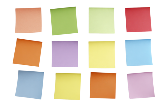 Twelve colorful square sticky notes arranged in rows on black background paper, Isolated On Transparent Background, Png Cut Out