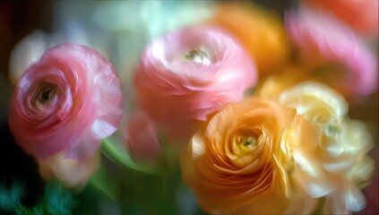 Close Up of Delicate Pastel Colored Flowers with Soft Focus Background