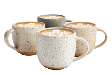 Four speckled ceramic mugs filled with latte art coffee on black foam, Isolated On Transparent Background, Png Cut Out