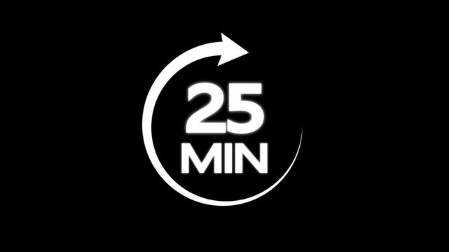 White color circle arrow refresh icon and 25 min timer icon animation on black background. Circular arrow timer icon 25 Min animation. 25 Minutes Time Loop Motion Design