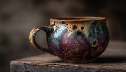 Close Up View of a Detailed Ceramic Mug on a Wooden Surface with a Blurred Background