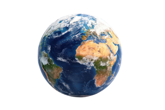 Planet Earth seen from space with continents Africa Europe and South America globe world, Isolated On Transparent Background, Png Cut Out