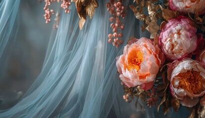 Close Up of Delicate Pink and Peach Peonies with Gold Accents and Blue Veil Backdrop