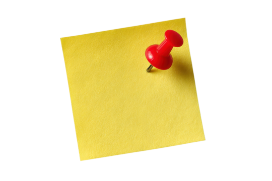Yellow sticky note with red pushpin on black background paper, Isolated On Transparent Background, Png Cut Out