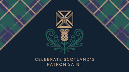 Elegant Scottish thistle and St Andrew's cross design celebrates Scotland's patron saint with tartan accents and sophisticated typography