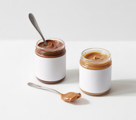 Open jar of chocolate and dulce de leche on a white background, with a white label