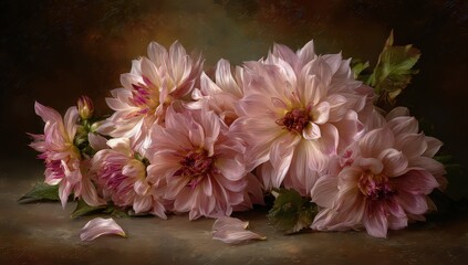 Close Up of Delicate Pink Dahlia Flowers Illuminated by Soft Lighting on Textured Background
