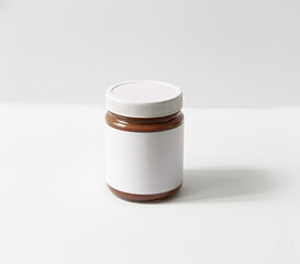 Jar of dulce de leche on a white background, with a white label