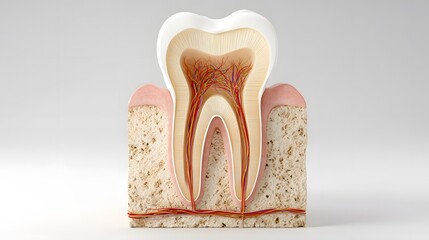 Detailed cross section illustration displays the internal structure of a human molar embedded in jawbone