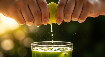 Fresh lime squeezed into vibrant green beverage under warm sunlight