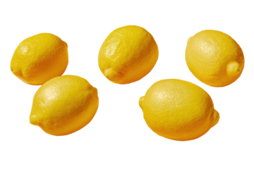 Five bright yellow lemons arranged on a solid black background fruit citrus, Isolated On Transparent Background, Png Cut Out