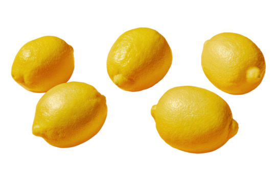 Five bright yellow lemons arranged on a solid black background fruit citrus, Isolated On Transparent Background, Png Cut Out