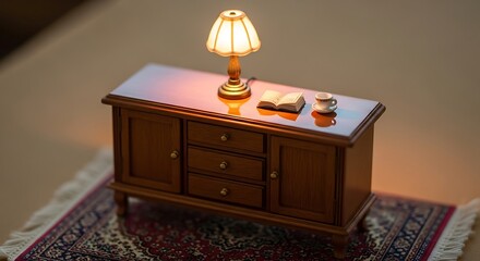 Miniature Scene with Lamp, Book, and Cup on Wooden Furniture Cabinet