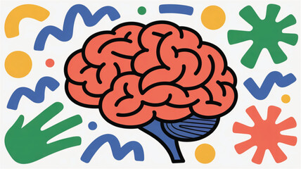 Stylized brain illustration with abstract colorful shapes and patterns