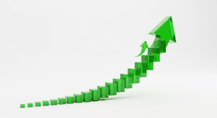 Obraz premium Rising trend shown by a glassy green arrow climbing steps, symbolizing growth