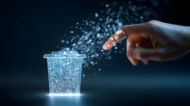 Digitized trash receptacle disappearing into glowing particles following a fingertip touch