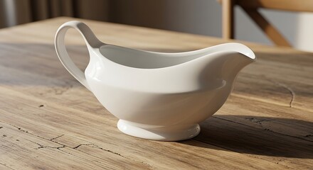 Refined ceramic sauce boat on aged wooden table, elegant diningware