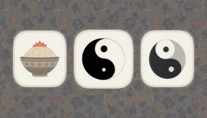 Decorative Yin Yang Symbols with Traditional Bowl of Rice on Ornamental Background