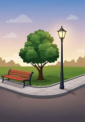 Peaceful park scene cartoon with illuminated lamppost and bench