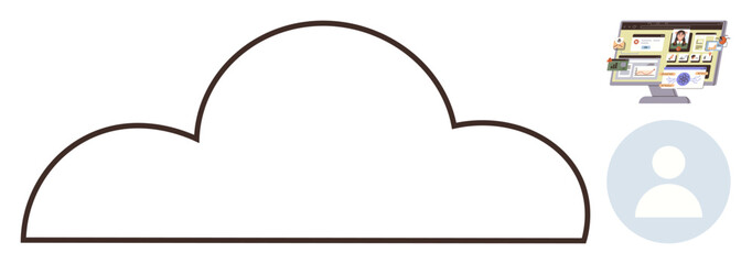 Cloud with desktop screen displaying files and a user profile icon. Ideal for cloud computing, data storage, user access, technology, IT infrastructure, modern networking, and digital applications. A