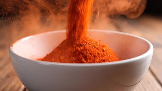 Bright Orange Spice Powder Poured Into White Bowl Close Up.