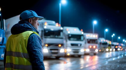 Transportation worker wearing high visibility vest stands guard near queue of semitrailer trucks at illuminated industrial lot during nighttime