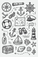 Sea Voyage Tools Sketch Set – Hand Drawn Nautical Adventure Vector Illustration in Black and White