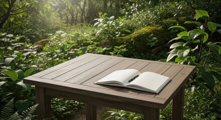 Open notebook on wooden table amidst lush greenery, serenity in nature