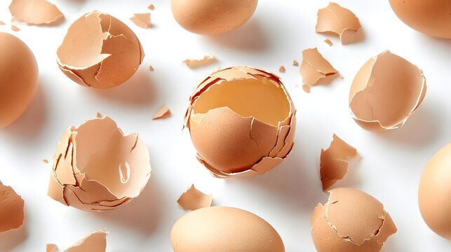 Numerous whole and broken brown chicken eggshells are scattered across a bright white surface - Powered by Adobe