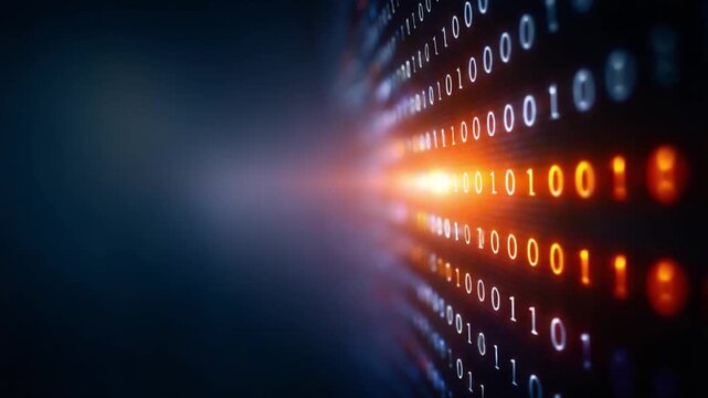Digital Stream: A dynamic stream of binary code cascades across the frame, converging on a central point of light. The image captures the essence of data, innovation, and technological advancement. 