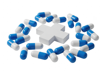 Blue and white capsules arranged around a cross shape isolated on transparent background