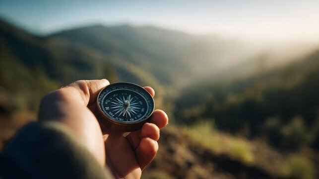 Person holding navigational instrument displaying direction over hazy mountain landscape at sunrise