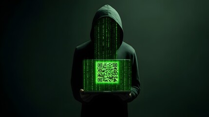 Anonymous individual wearing a hooded garment displays a glowing two dimensional barcode on a digital device