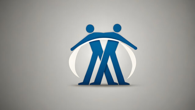 Stylized blue symbol of human connection and partnership, featuring two abstract figures joined together in a dynamic and supportive logo design on a grey gradient background