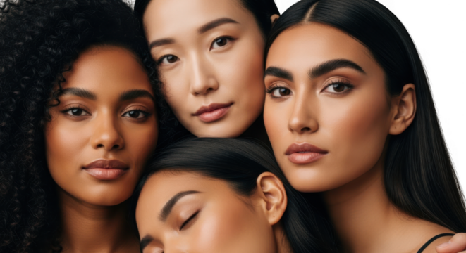 Diverse group of five women with natural beauty and different skin tones closeup isolated on transparent background - Powered by Adobe