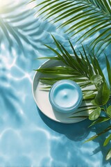 Blue Face Cream in Water with Palm Leaves and Sunlight Reflections