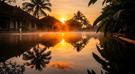 Serene sunrise reflection on tropical water, palm trees and haze