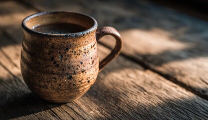 Close Up View of Ceramic Mug Filled with Coffee on Wooden Table with Sunlight