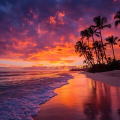 Dramatic Tropical Beach Sunset with Palm Trees and Colorful Sky