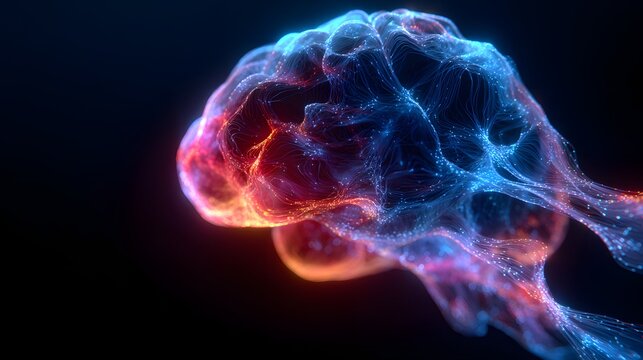 Glowing neural network visualization pulses with interconnected light trails against a dark backdrop