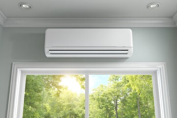 Modern Air Conditioner Unit on a Wall in a Bright, Sunlit Room