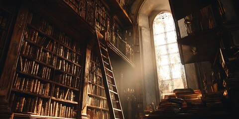 Sunbeams Streaming into a Grand, Ancient Library Full of Books