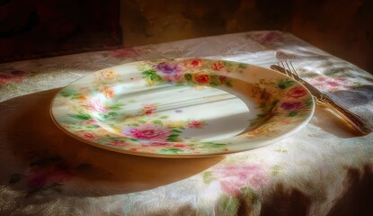 Close Up Of Empty Floral Plate On Patterned Tablecloth With Sunlight And Shadows