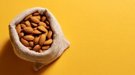 Burlap Sack Filled with Raw Almonds on a Yellow Background