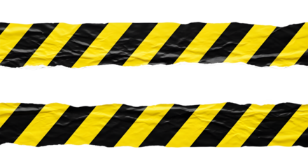 Two strips of wrinkled yellow and black striped caution tape for restricted areas. Isolated on transparent background, png�